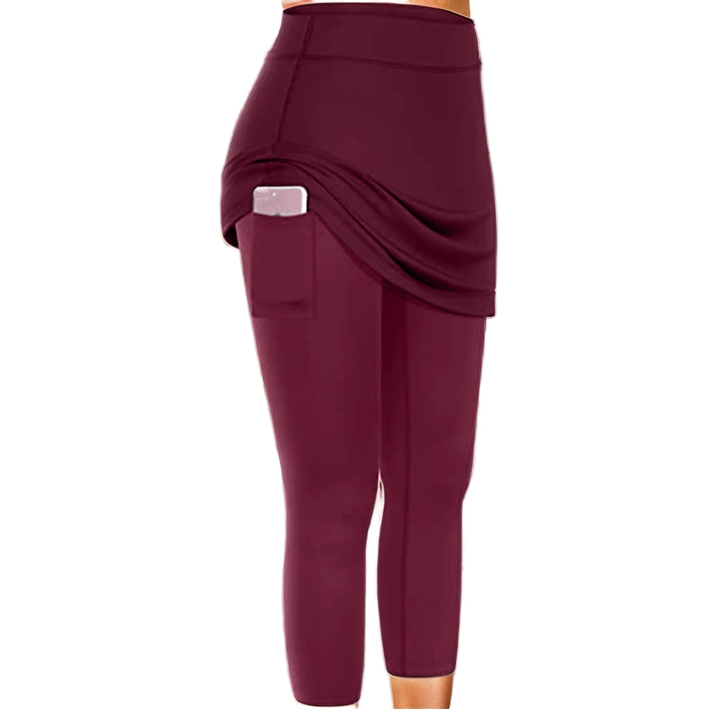 Custom High Waist 2-Piece Plus Size Women's Yoga Leggings Pants with Pockets Solid Spandex/Nylon Material Elastic Waist Closure
