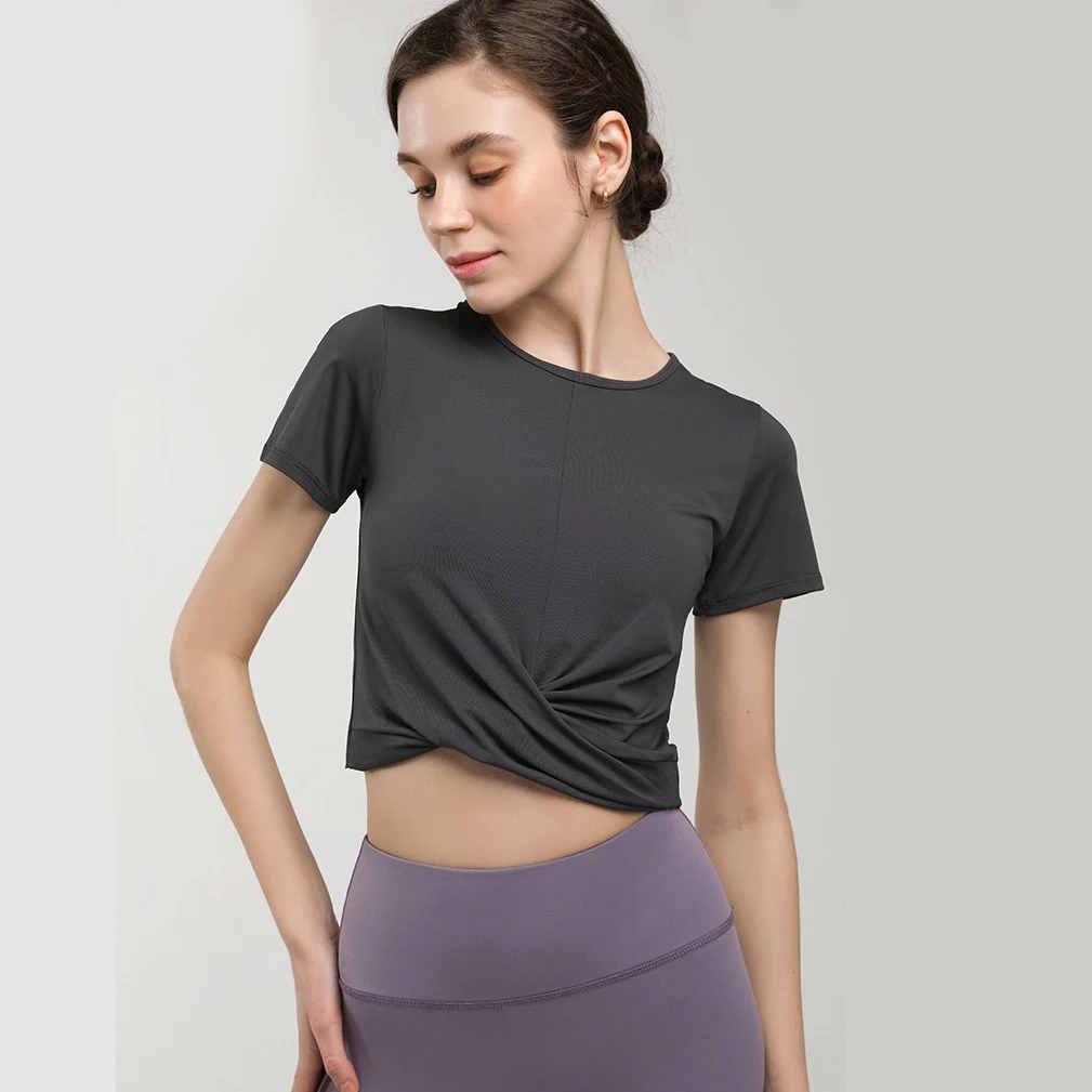 Women's Clothing Hot Selling Summer Hot Sale Fashion New Hem Pleated Design Yoga Short Sleeve Top & T-shirt