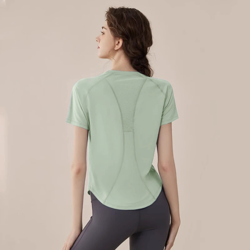 2025 Women's Summer Thin Loose Yoga & Pilates Training Tops Quick-Drying Breathable Mesh Sports Fitness Clothing with Front Logo