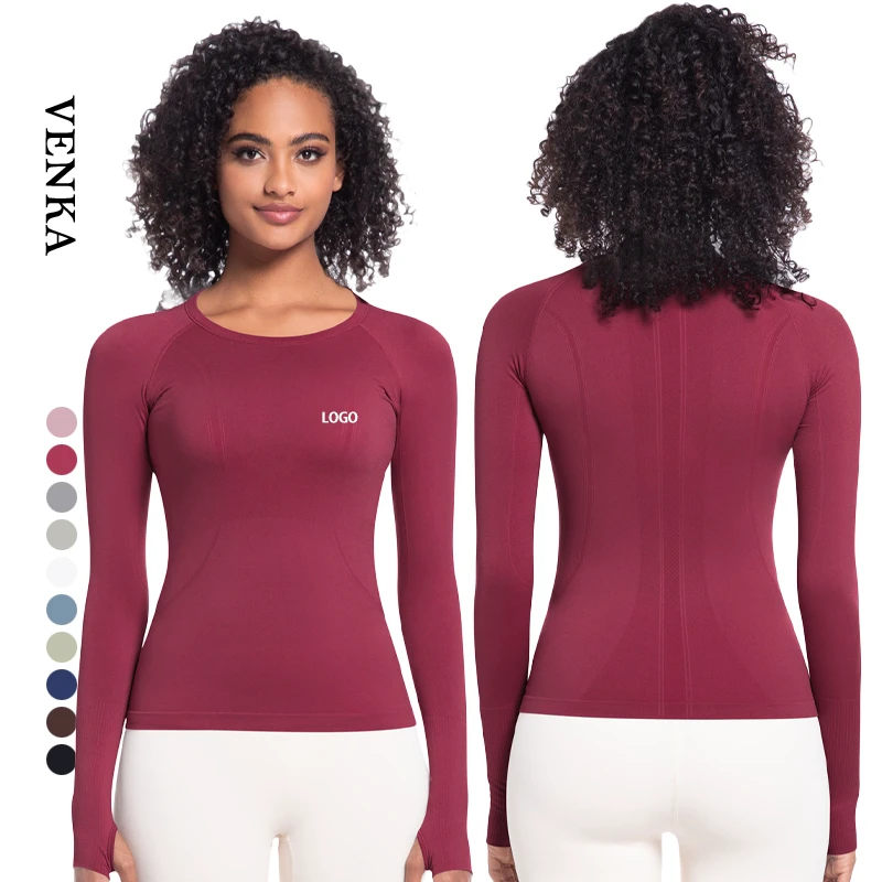 Custom Logo Gym Fitness High Compression Quick Dry Gym Sports Apparel Women Round Neck Yoga Workout Shirt Long Sleeved T Shirt