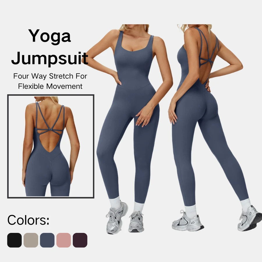 Yoga Women V Neck Backless Cross Strap Cutout Deep Waist One Piece Jumpsuit Stretchy Fabric Tight Fit Yoga Gym Activewear