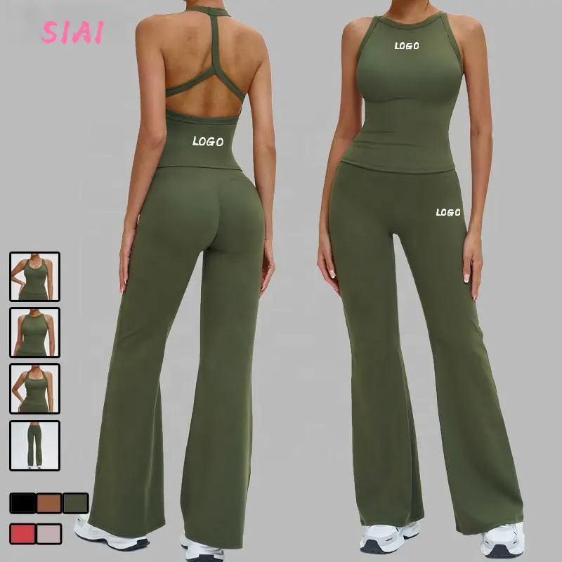New Women's Fitness Yoga Sets Hollow Shockfoor Sports Top Crisscross Tank Mid Waist Pants Pilates Apparel Reversible Plus Size