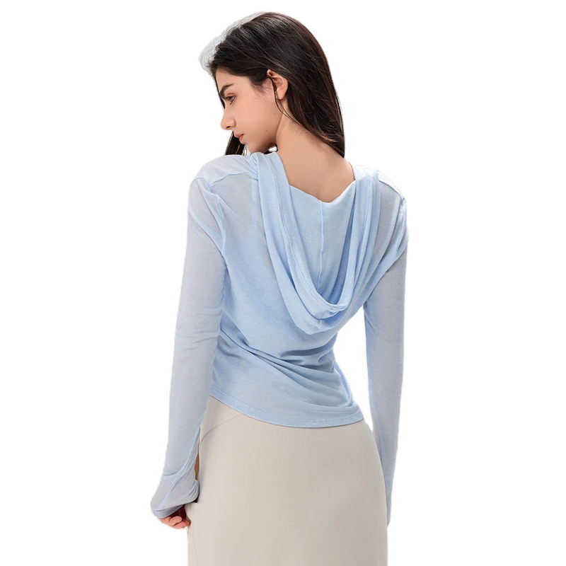 Spring Summer Fashion Loose Yoga Blouse Hooded Long-sleeved T-shirt Casual Draped Fitness Top Lightweight Breathable for Solid