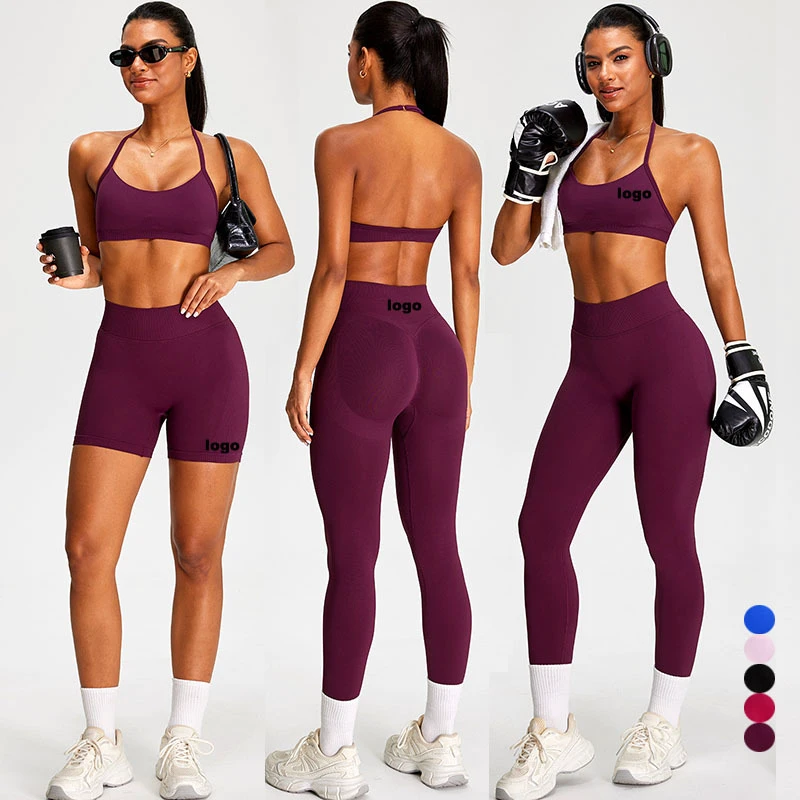 Wholesale Seamless Yoga Outfits for Women 2 Pieces Set Halter Bra High Waist Scrunch Butt Leggings Breathable Fitness Yoga Wear