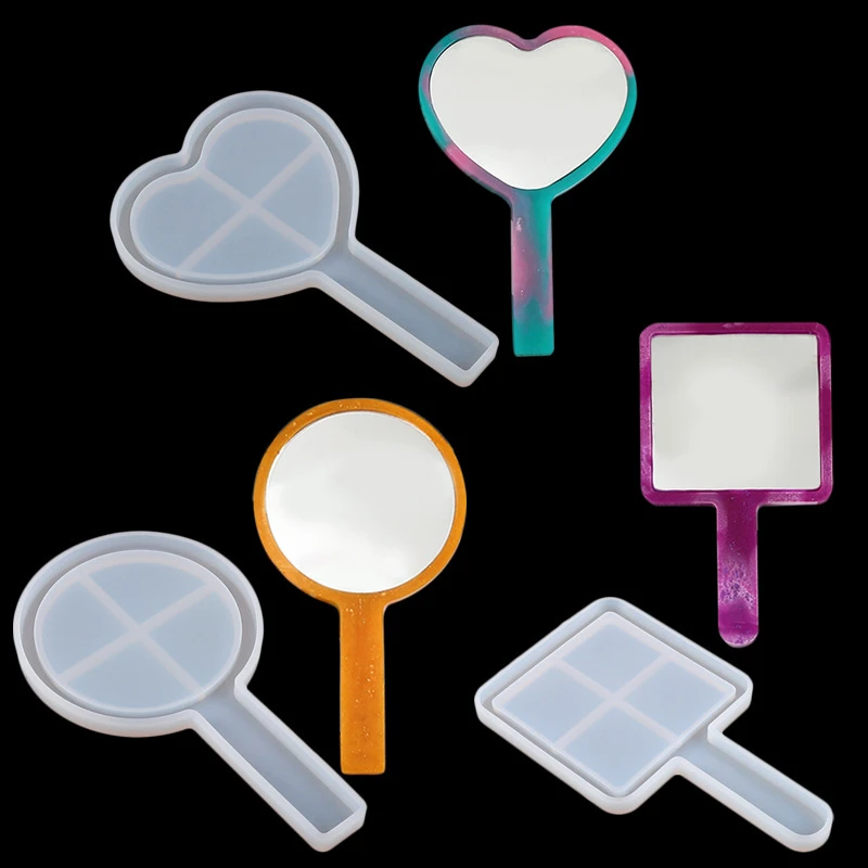 New Style Cute Small Mirrors Mold Epoxy Resin Heart Makeup Mirror Silicone Mold Round Heart Square Mirror for Wall Decor, Crafts