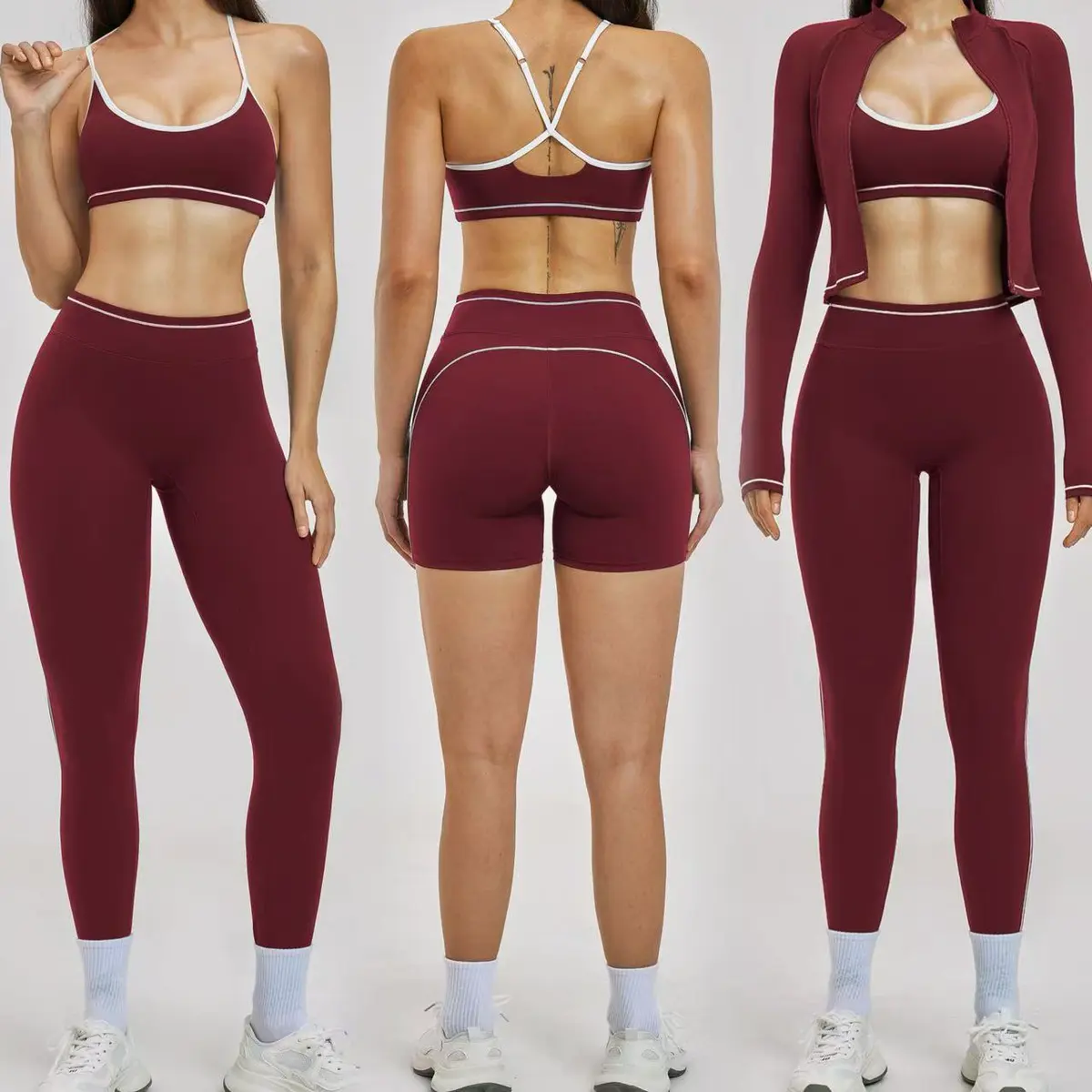 Wholesale Outdoor Women's Yoga Sets 4-Piece Fitness Jacket Workout Activewear Quick Dry Bra High Waist Leggings Gym Set