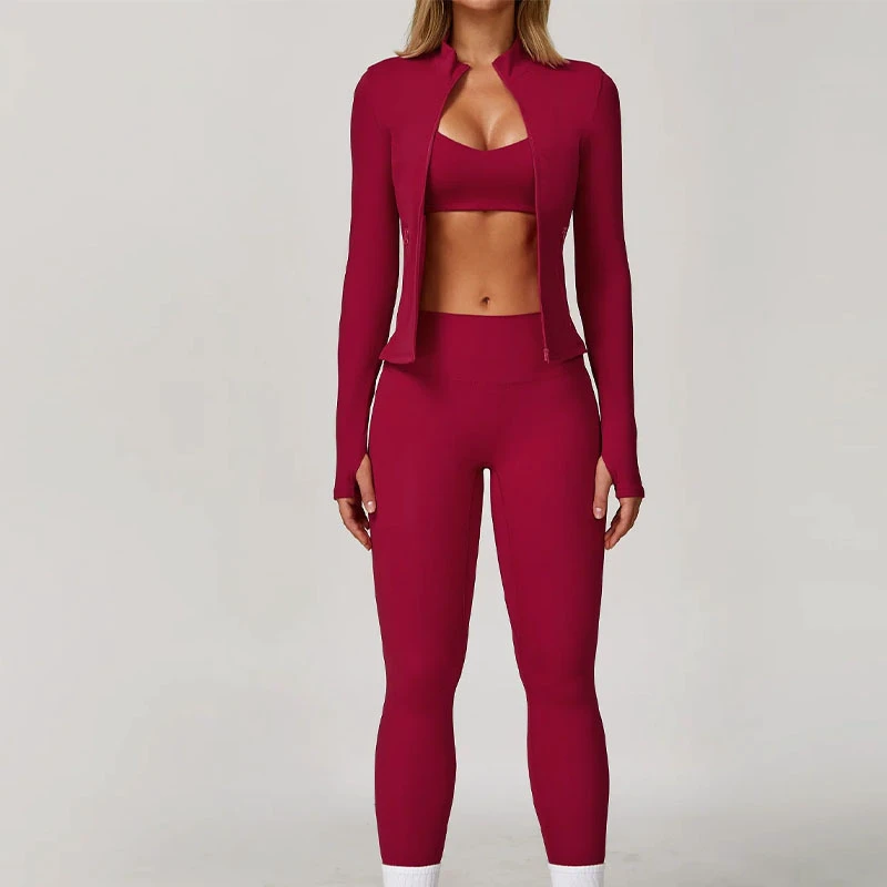 High Neck Full Zip Women's 3-Piece Yoga Set Thumb Hole Jacket Sports Bra & High-Waist Leggings For Gym & Running Wear Yoga Sets