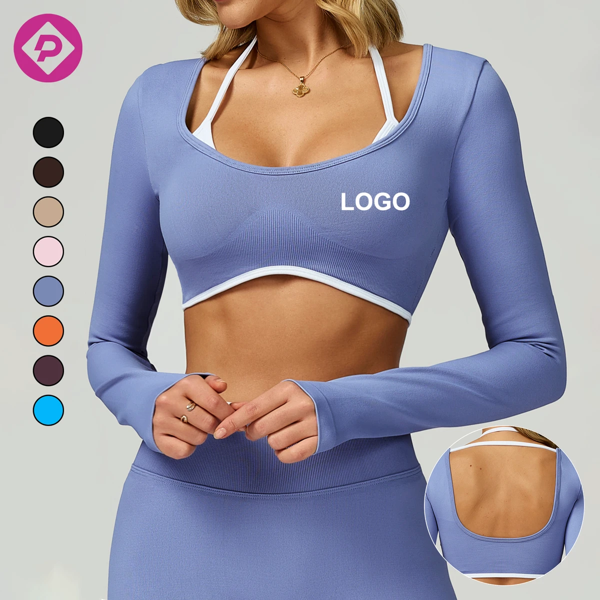 Seamless Ribbed Long Sleeves Cropped Slim-Fit Gym T-Shirts Women Running Fitness Backless Yoga Tops