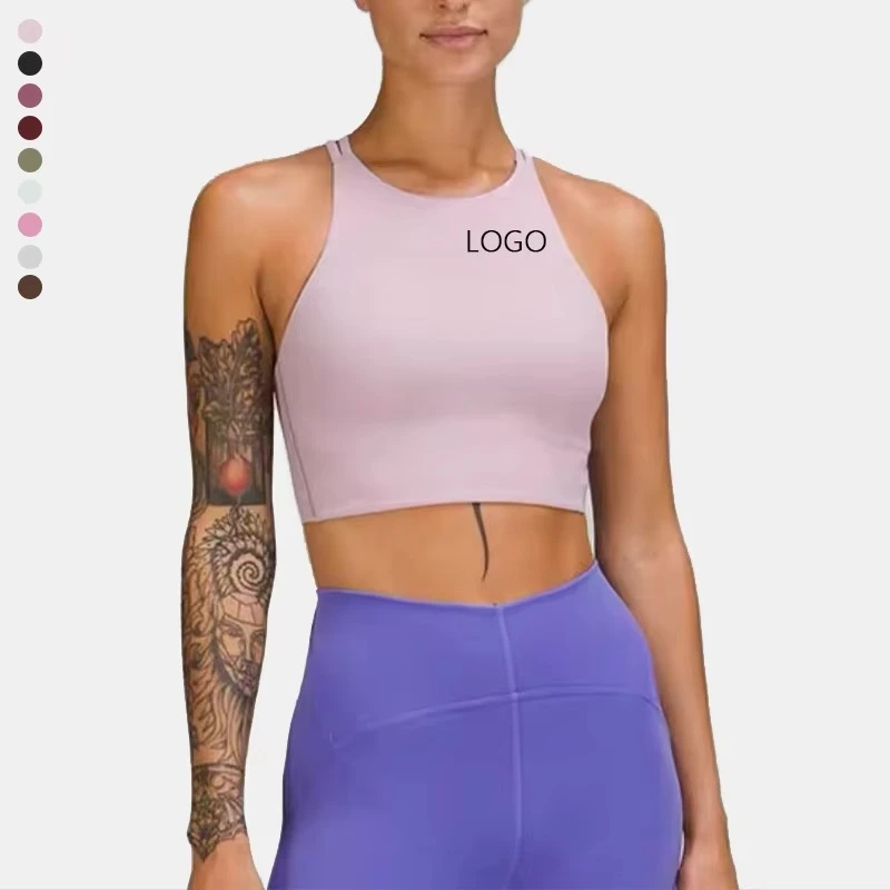 Women's Solid Color Yoga Sports Bra Racerback Scoop Neck Seamless Mesh Panel Moisture Wicking Medium Support Front Logo Design