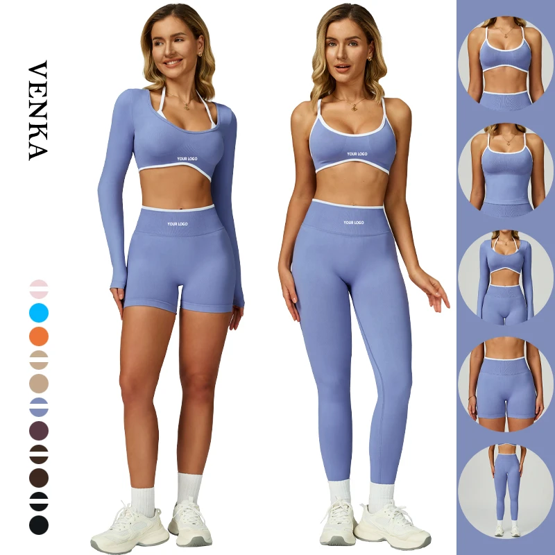Contrast Color Fitness Suit Women's U Neck Sports Bra Crop Top Long Sleeve High Waist Shorts Leggings Women Seamless Yoga Set