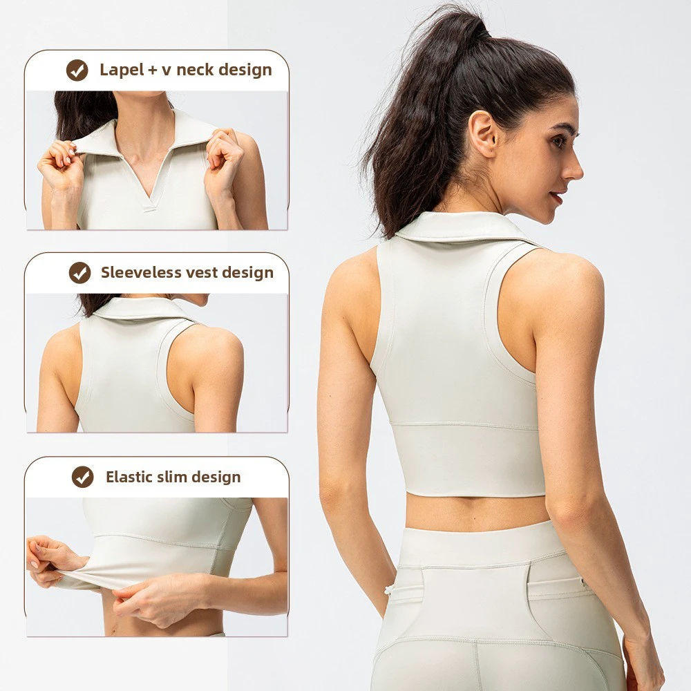 Women's High Waist Fitness Running Sports Vest Top New Turn-Down Collar Slim Yoga Breathable Top for Spring Summer
