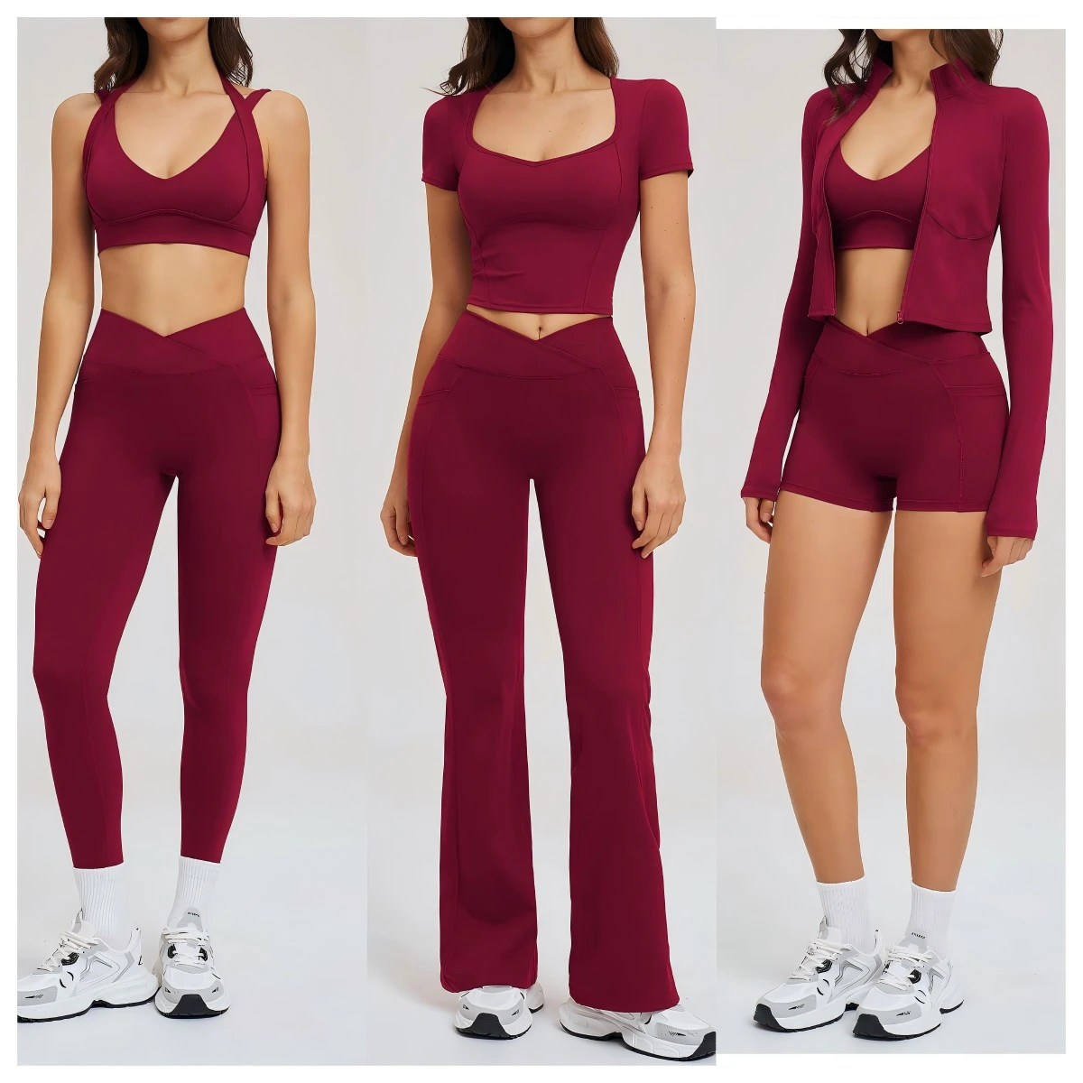 6 Pcs Zipper Jacket Bra Crop Top T V Waist Flare Pant Shorts Customize Gym Sports Active Wear Workout Yoga Set Clothes Women