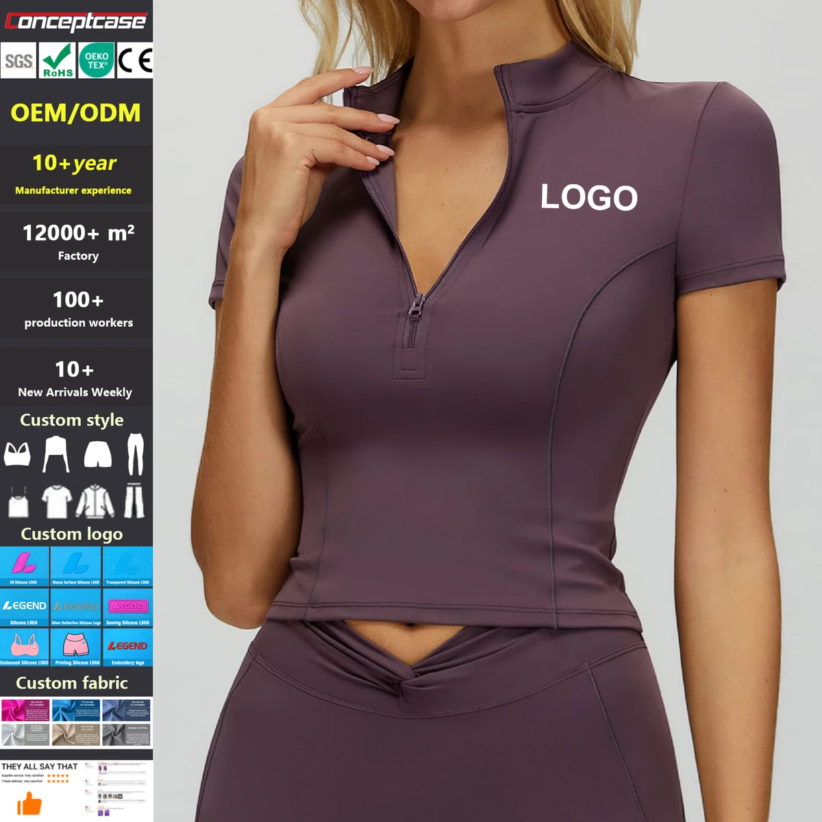 Custom Fabric Style Logo Quick-Drying Nude-Feel Stand-Up Collar Zipper Yoga Short Sleeved Top Women Gym Workout Tight Sports Top