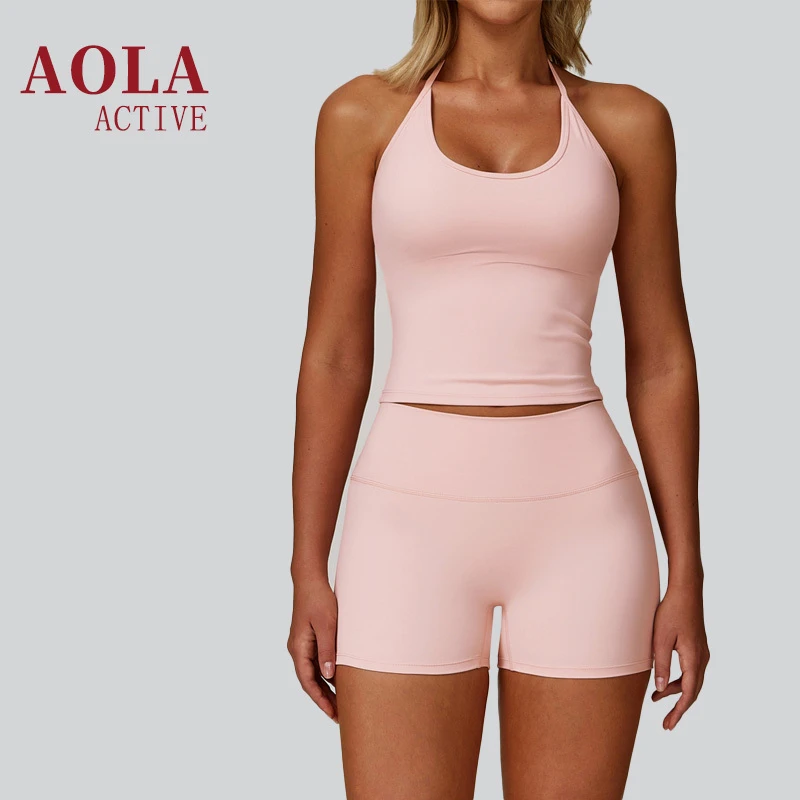 2025 AOLA One Shoulder Breathable Yoga Shorts Pockets Quick Dry Tight Fitting Running Sports Fitness Set