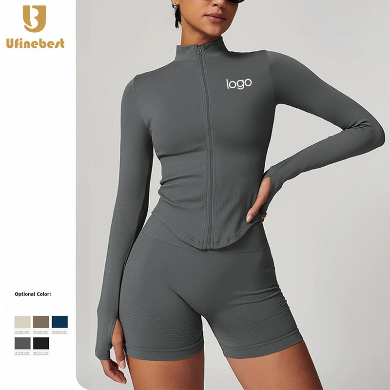Long-Sleeved Stand Collar Custom Zipper Yoga Jacket Women'S Tight Quick-Drying Yoga Clothes Outdoor Gym Fitness Sports Tops