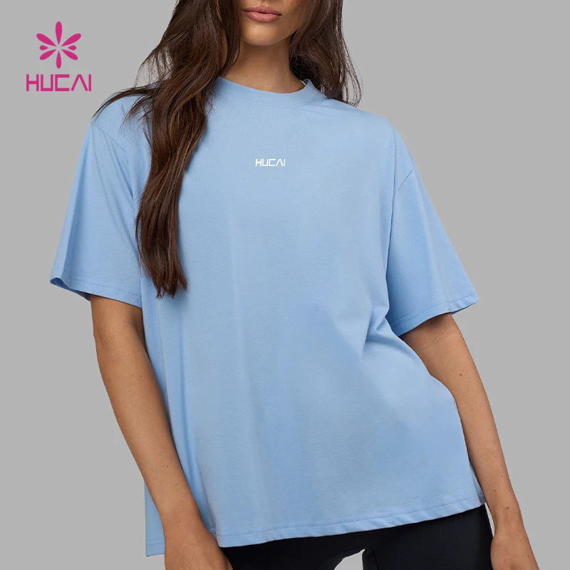 HUCAI Custom High Quality Cotton Spandex logo Printing Short Sleeve Oversized Tee Workout Training Gym t Shirt Women