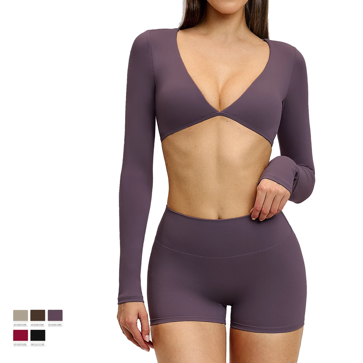 Women's Compression Stretchy V Neck Cropped Yoga Tops Long Sleeve Gym Tops Slim Fit Breathable Workout Yoga T Shirt