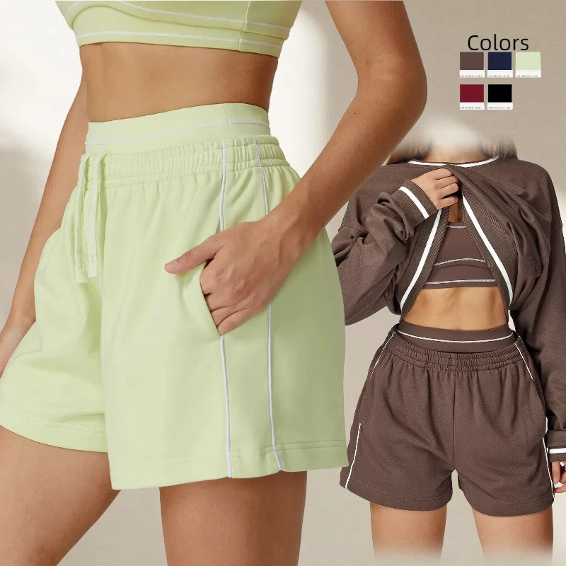 Yimo Women Drawstring High Waist Yoga Shorts Lady Loose Side Pockets Sports Shorts Female Elastic Waist Biker Workout Clothes