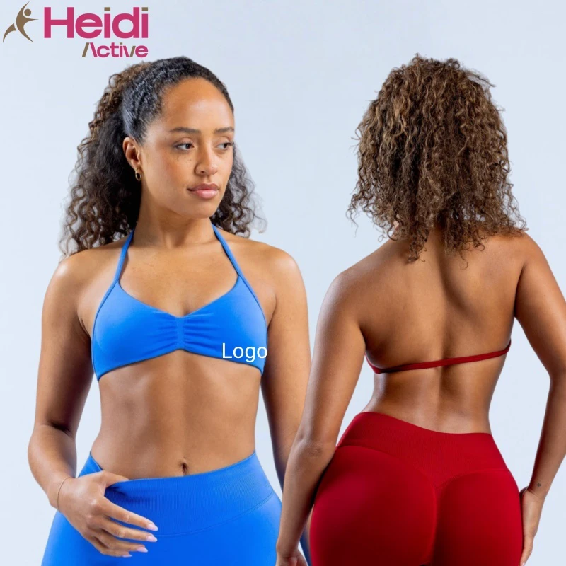 Custom Logo Women's Workout Clothes High Stretch Breathable Seamless Backless Sexy V Neck Halter Bra Fitness Yoga Sports Bra