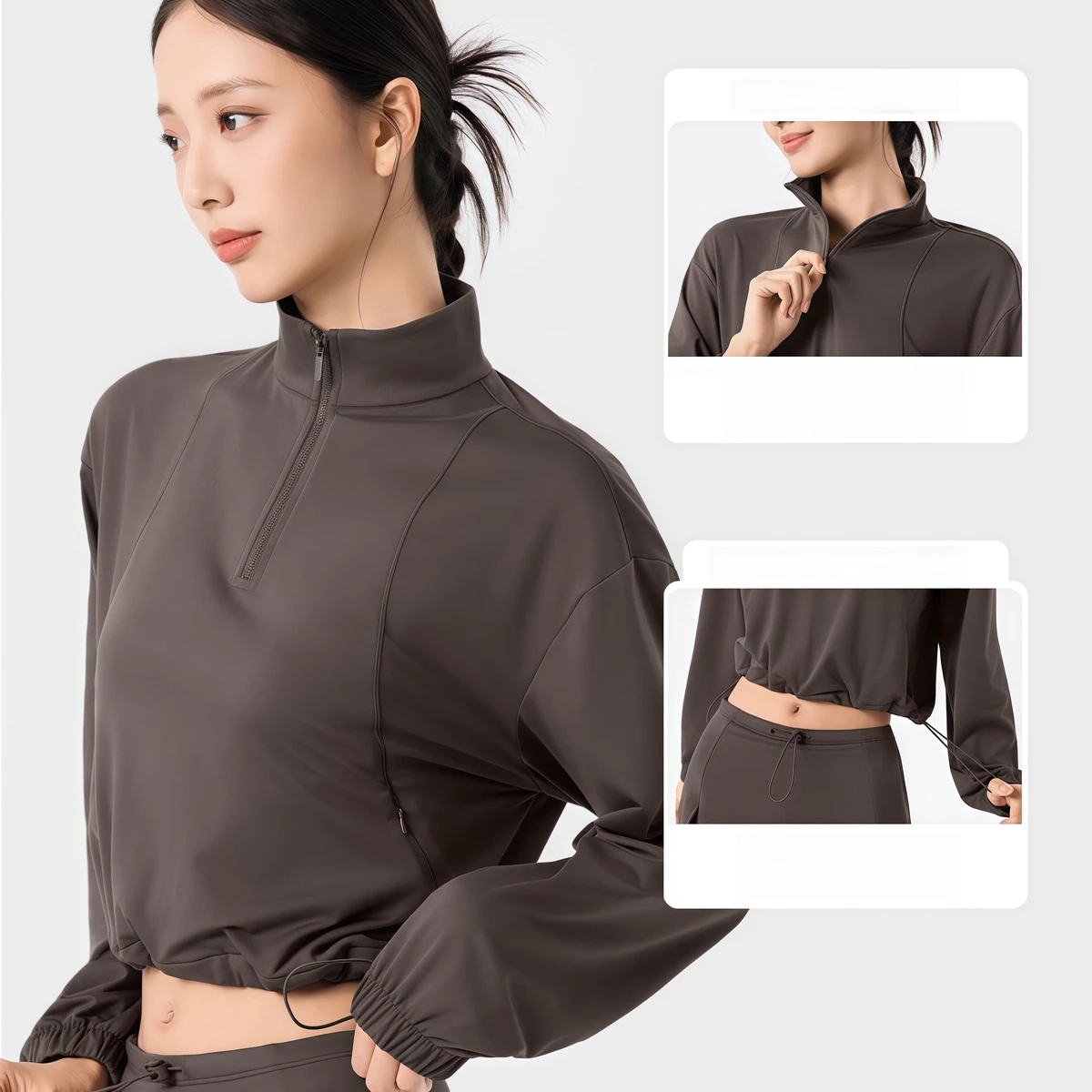 Women's Athletic Long Sleeve Top Half Zip High Neck Drawstring Hem Cropped Fit Sportswear for Workout Yoga Fitness