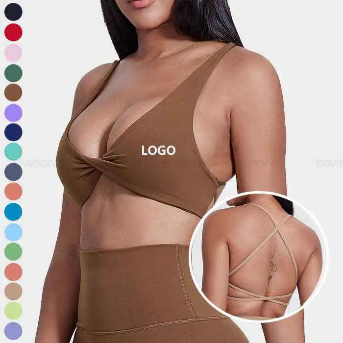 Hot Sales Free Design Cross Beautiful Back Sport Bra Sexy V Neck Twist Front Design Gym Workout Yoga Bra Top Women Yoga Clothes