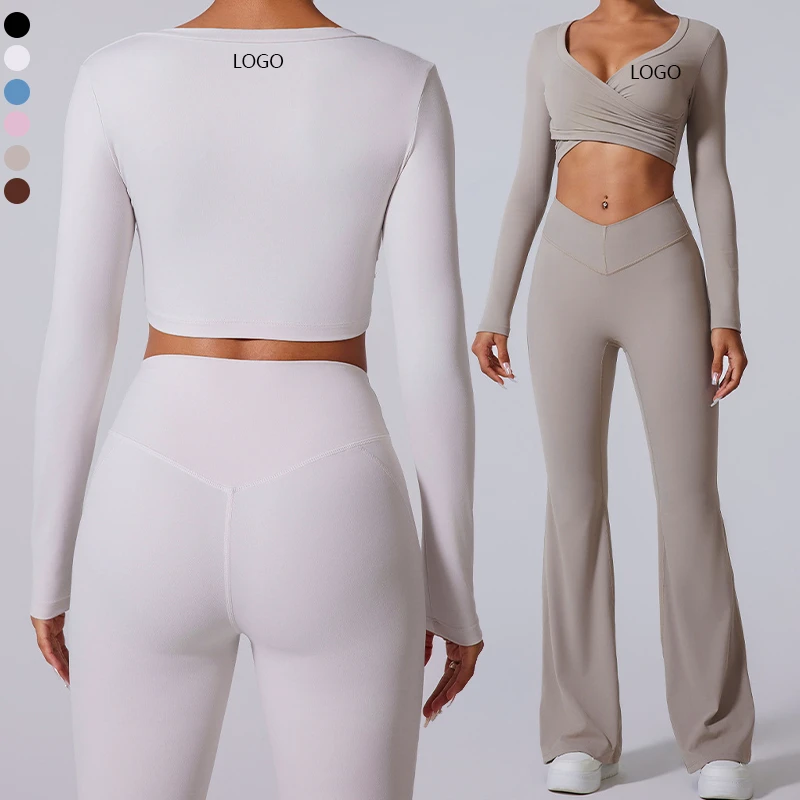 XW-YCX2872 Wholesale Slim Fit Waist-baring Front Cross Knot Long Sleeve V-neck Top Running Fitness Yoga Top for Women