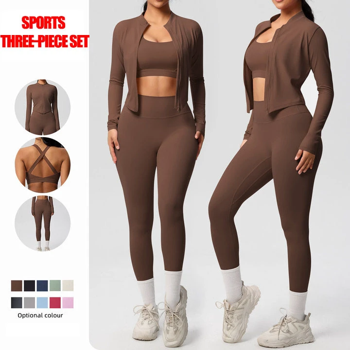 Autumn Women's Lightweight 3-Piece Yoga Outfit Sets Breathable Quick-Drying Spandex Fitness Gear Elastic Waist Plus Size Front