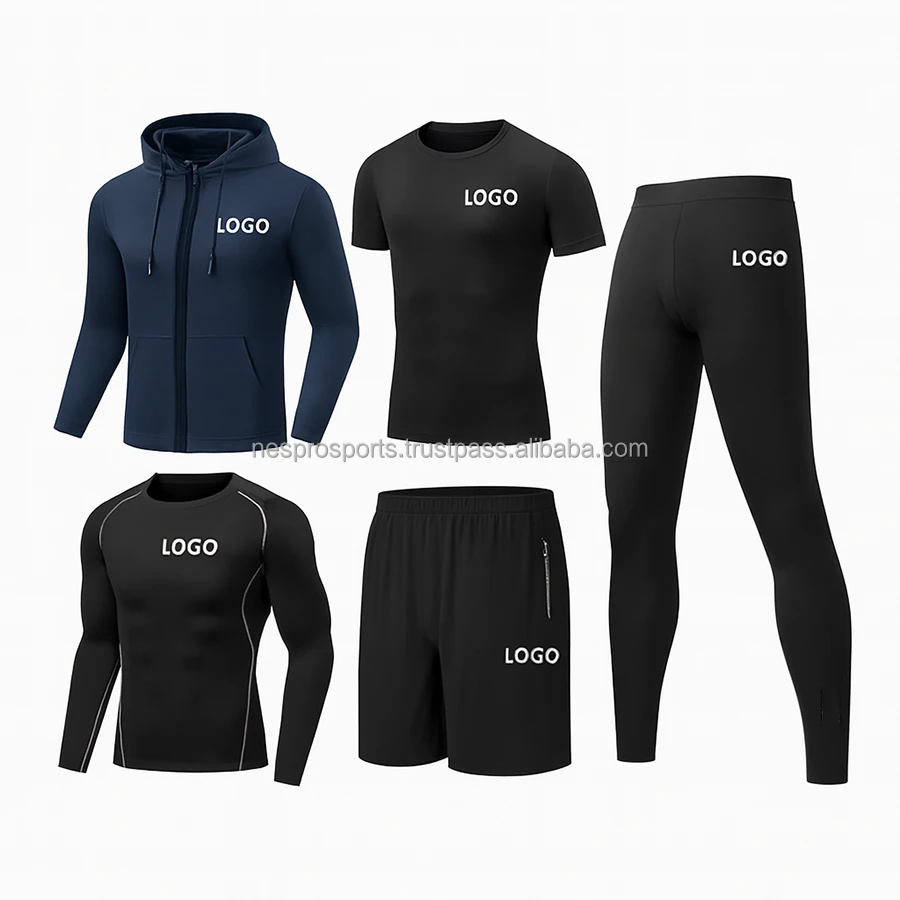 Seamless Compression Solid Yoga Outfit 5-Piece Set Unisex Breathable High-Waist Leggings Shock-Proof Top Shorts Fitness