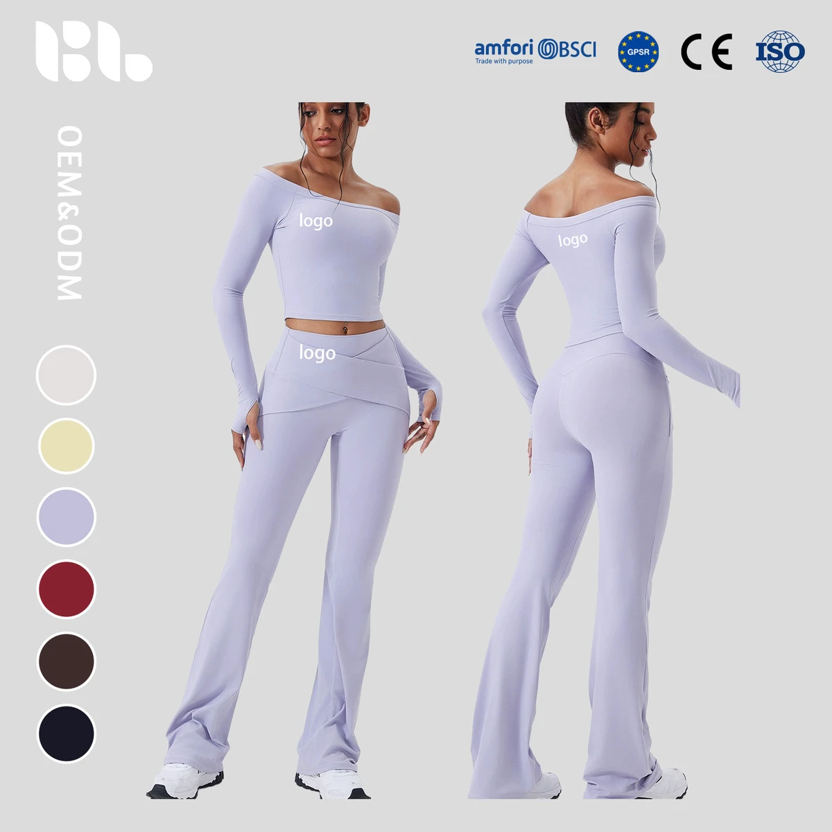 Off-the-Shoulder Long Sleeve Solid 2-Piece Sports Bra High-Waisted Naked Feeling Quick Dry Yoga Set Workout Fitness Suit Running