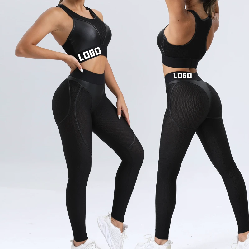 New Fashion Tight Yoga Suit Splicing Sexy Sports Bra Hip Pants Fitness Two-piece Suit Custom and Wholesale