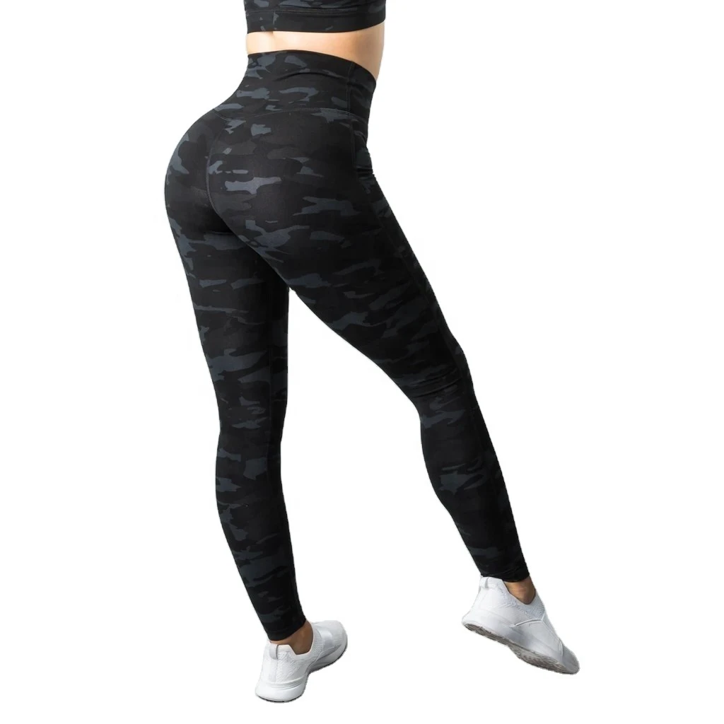 Women's High Waist Full Length Gym Leggings Soft Polyester Spandex Yoga Pants Camo Sublimation Printing Lightweight V Shape