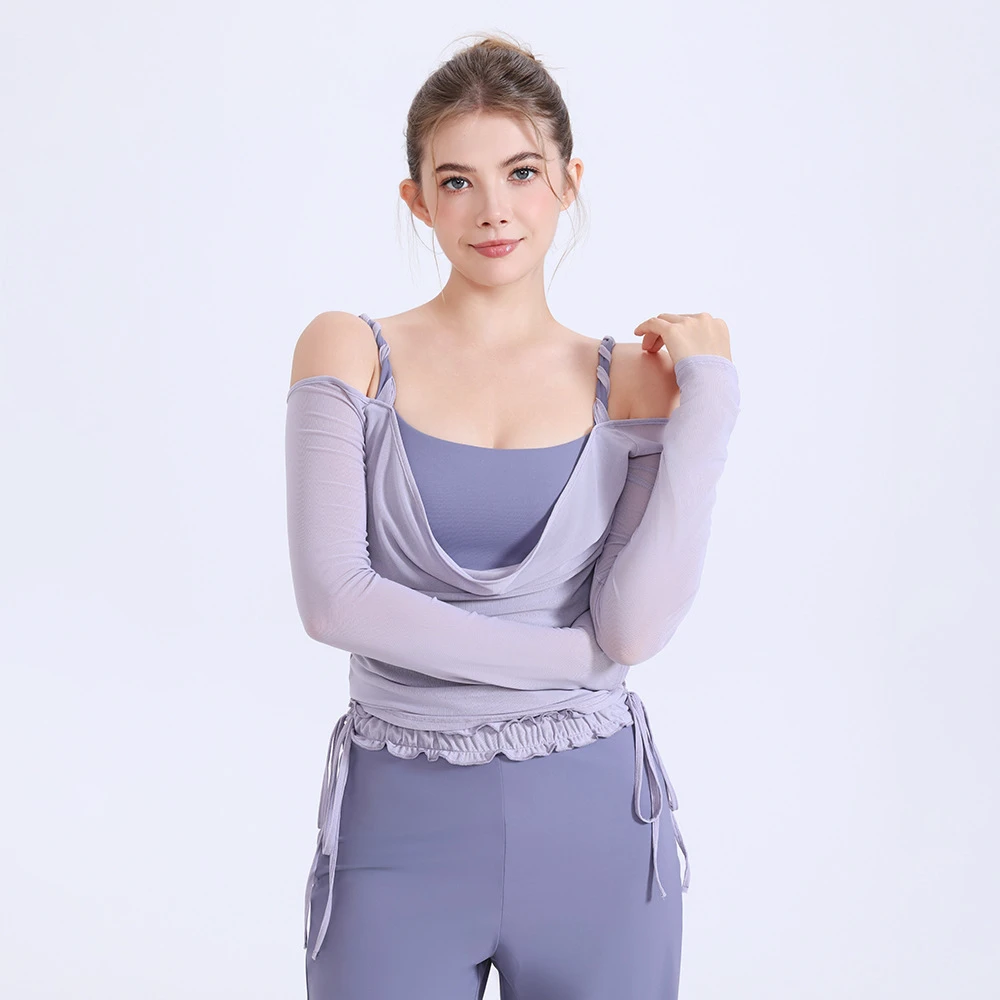 Mesh Stand Collar Long Sleeve Lightweight Breathable Spandex Yoga Top with Built-in Sports Bra