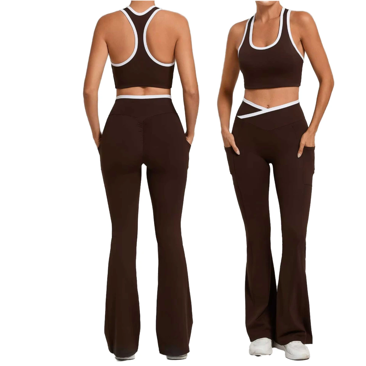 Elastic High Support Bra V-cut Flare Pant Side Pockets Running Pilates Weight Lift Scrunch Butt Gym Exercise Fitness Yoga Sets