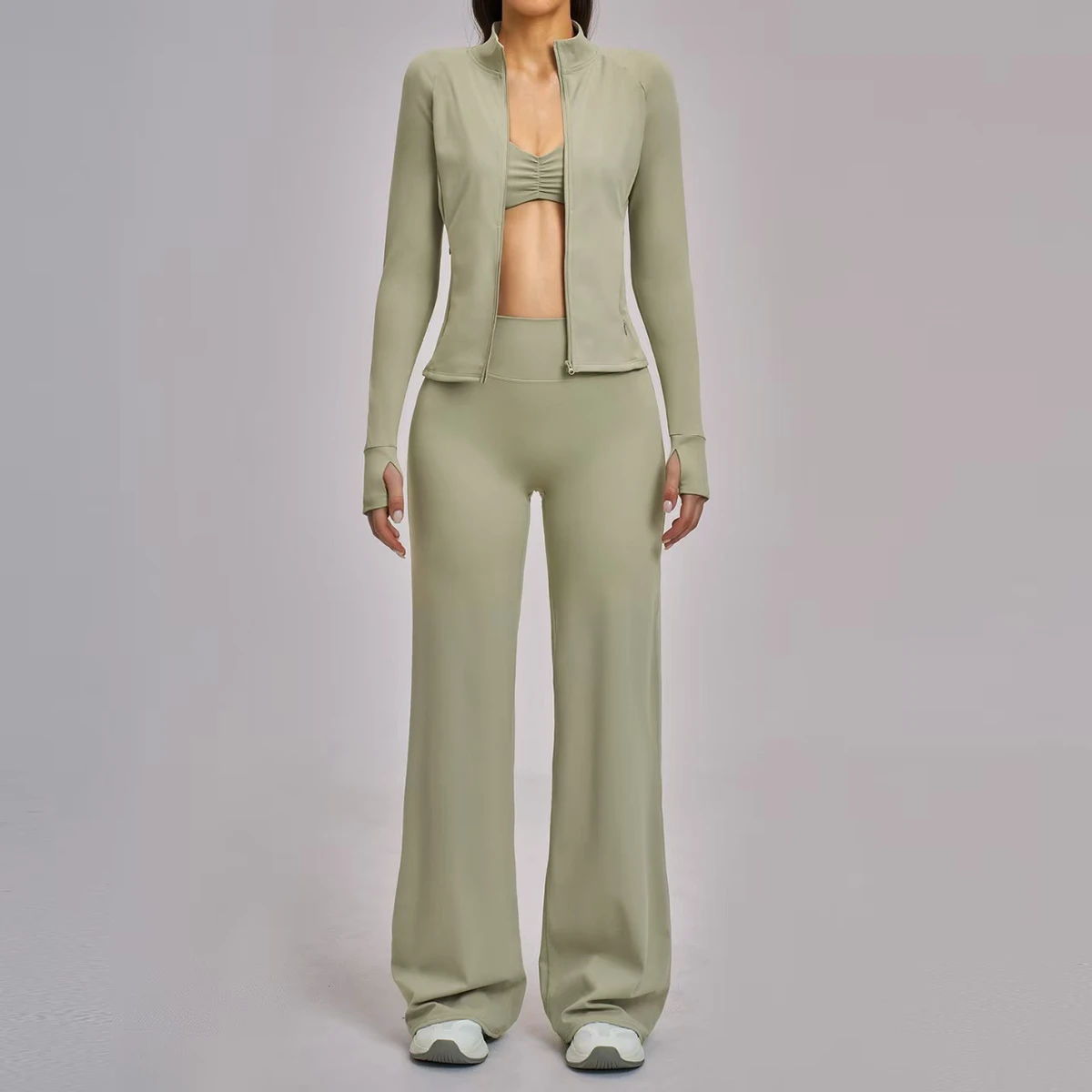 2026 New Fashion Activewear Three-piece Yoga Set Sports Bra Zipper Jacket Wide-leg Pants Outdoor Running Fitness for Women