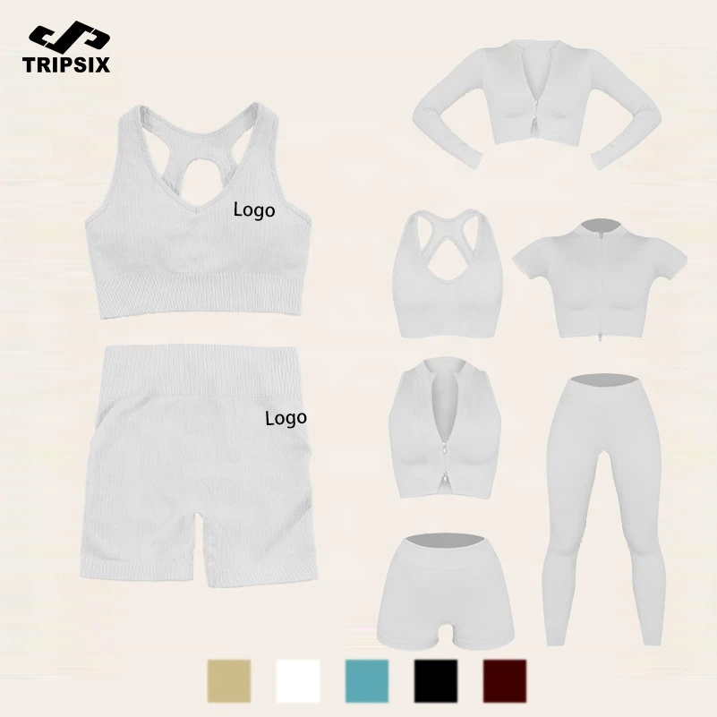 Women 6 Piece Ribbed Yoga Sportswear Set Zipper Natural Color Activewear Jogger Seamless Fitness Gym Clothing Set