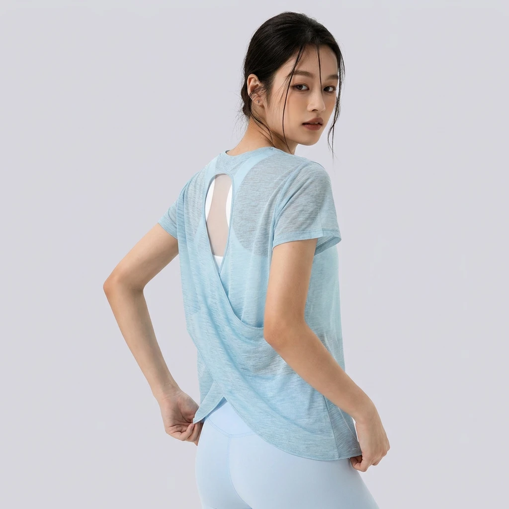 Wholesale Women's Cross Back Hollow Out Yoga Top Short Sleeve Breathable Workout Shirt Loose Fit Quick Dry Pilates Athletic Wear