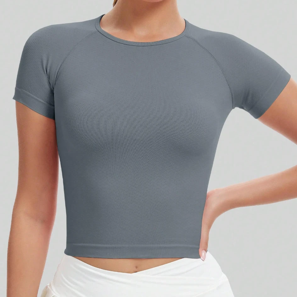 Women's Breathable Quick-Dry Tight-Fitting High Stretch Yoga Top Crew Neck Short Sleeve Sports Running Fitness T-Shirt