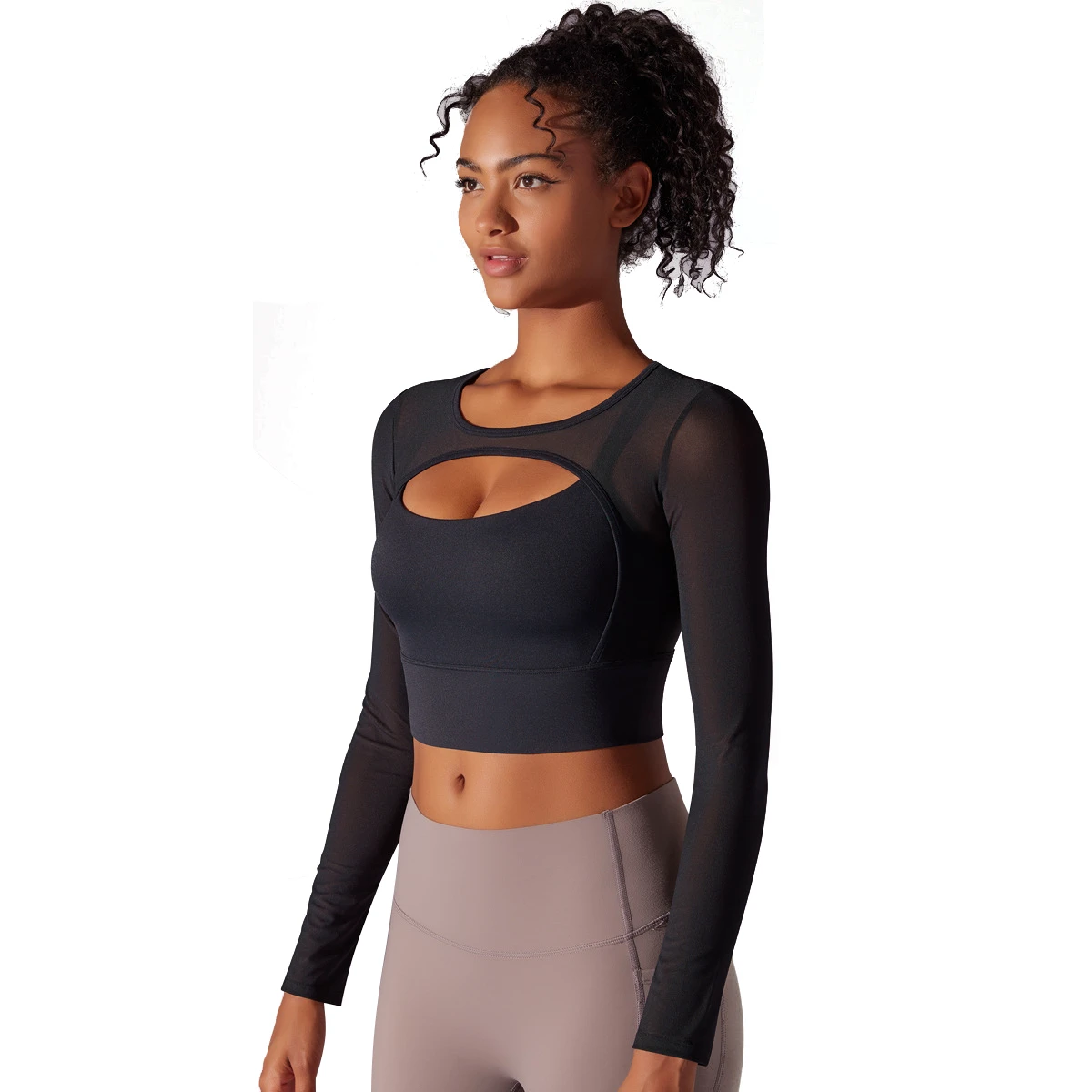 Translucent Mesh Yoga Top with Double Stitching Long-sleeved and Tight-fitting Sexy Design Full Women Crew Neck Tank 220 Grams