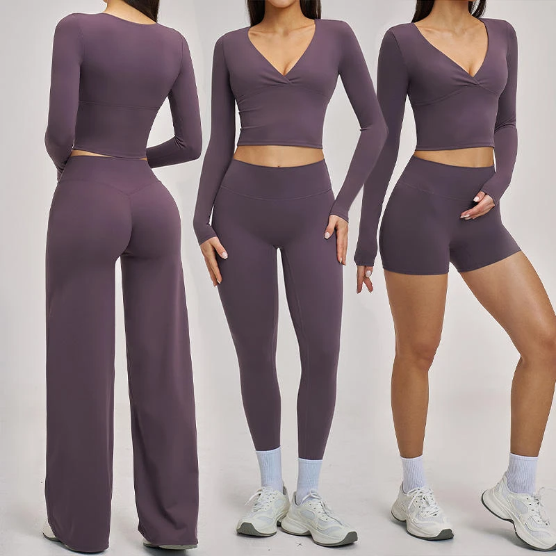 Wholesale V Neck Sports Suits for Women with Removable Chest Pad High Waist Workout Sets for Women Tummy Control Yoga Suit