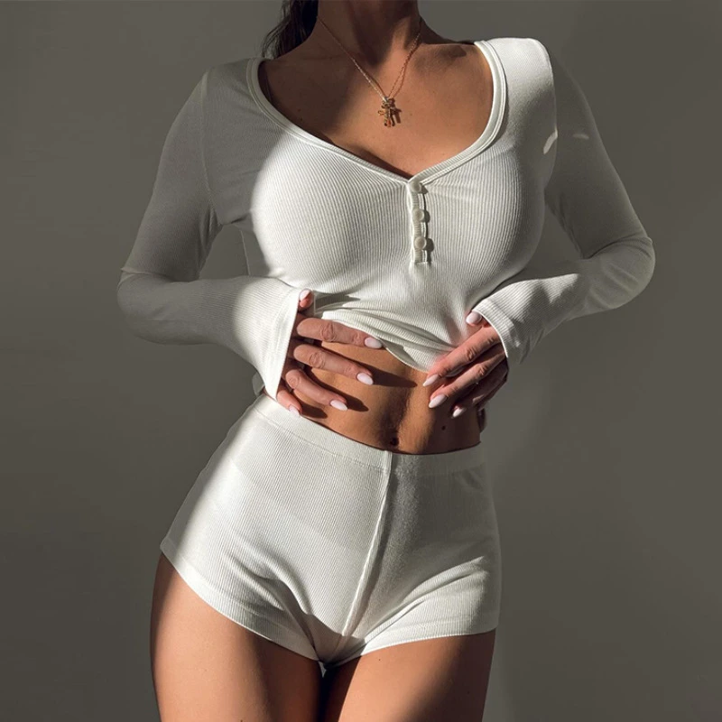Women's Casual Two-Piece Sports Style Set Summer Ultra Short Pants Long Sleeve Tight Fit Top Sexy Low-Cut Knitting