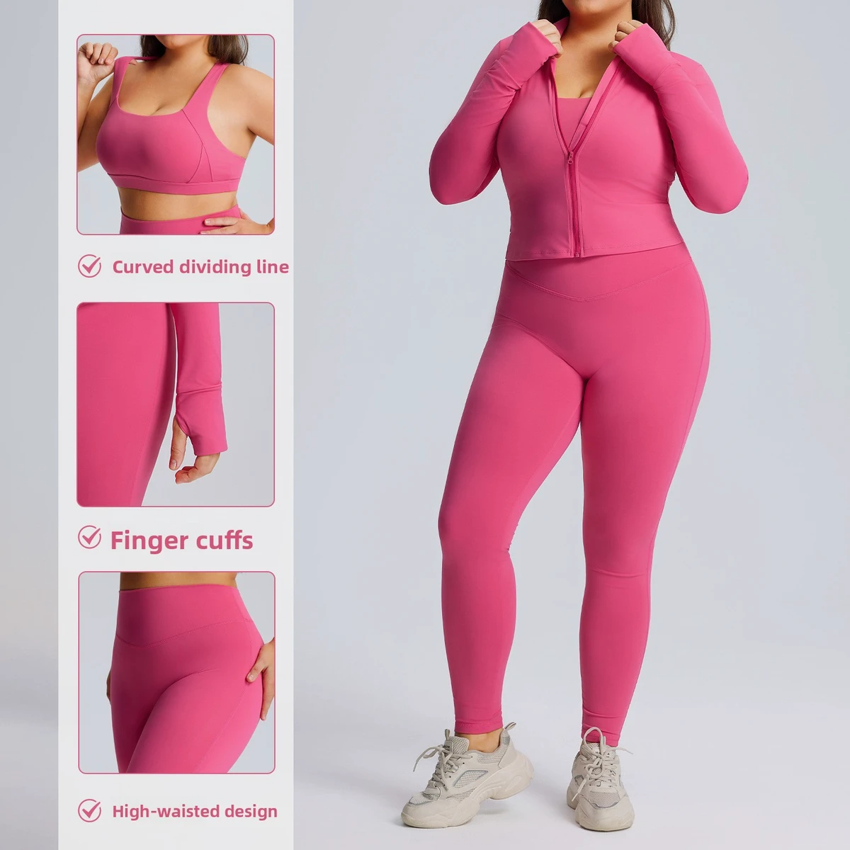Women's Solid Quick-drying Wrinkle-resistant Spandex/Nylon Sportswear Suit High Elastic Plus Size Three-piece Yoga Set