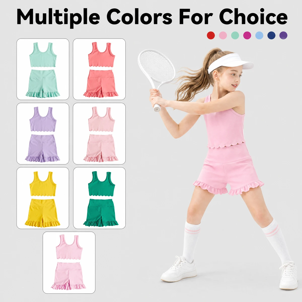 Puresun 7 Days Delivery RTS Active Solid Scallop Vest Ruffle Breathable 75%Nylon 25%Spandex Yoga Girls Clothes 8 To 9 Years Old