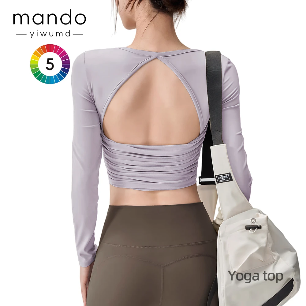 Long Sleeve Yoga Clothes Fixed Cup Sexy Back Pleated Mesh T-shirt Women's Breathable Casual Sports Top