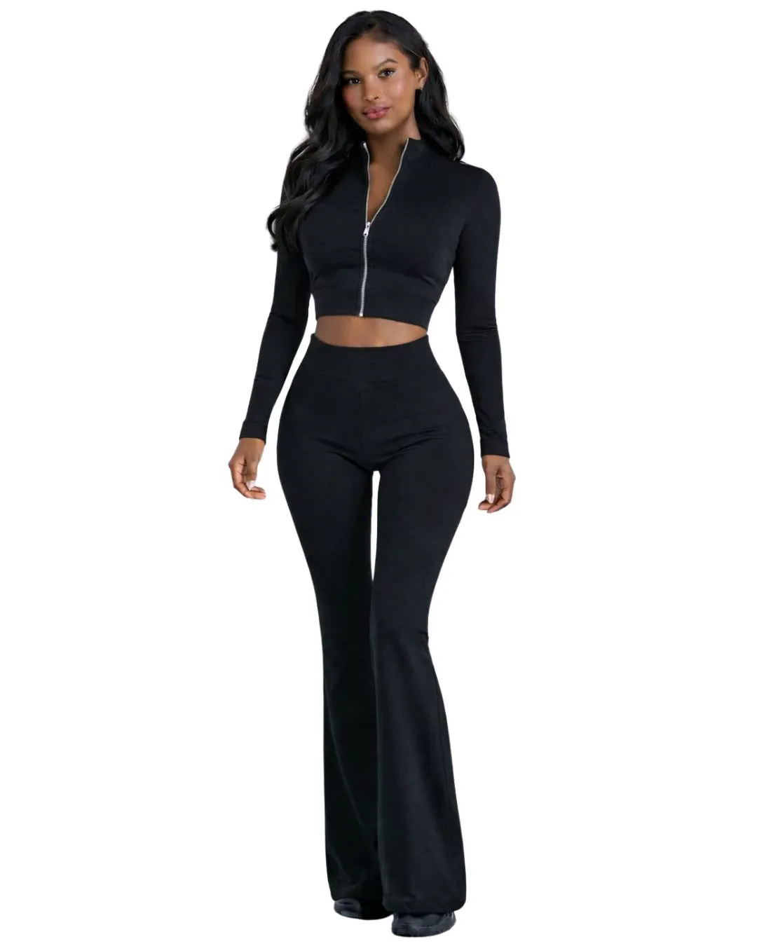 Custom Black Women Two Piece Yoga Set Zip Crop Top And High Waist Flared Pants Stretch Fitness Gym Wear Custom Manufacturer OEM