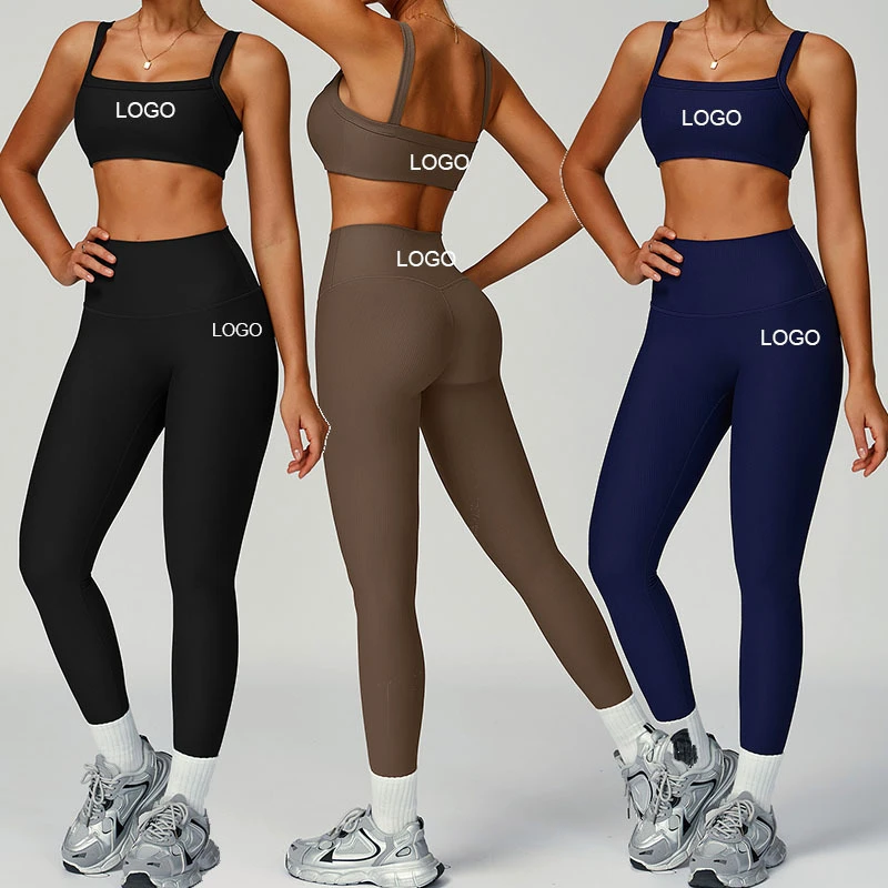 Women's Lightweight Breathable Yoga Pants Set High Waist Tight Cross-Border Threaded Legging for Outdoor Sports Running Solid