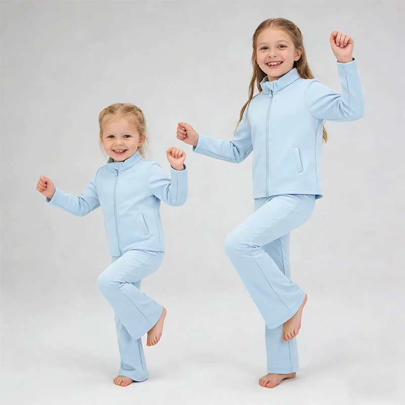 Girls Sports Nylon Sportswear Set Kids Girls Yoga Sets Custom 2 Piece Active Wear Sports Jacket Micro Flared Pants Set