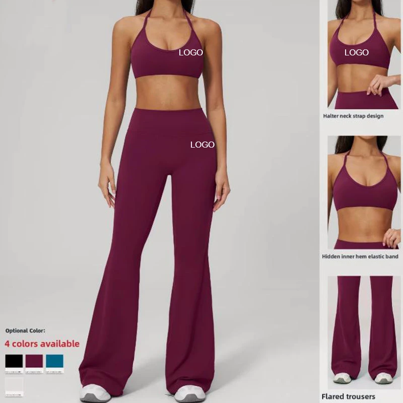 Women's Gym Wear Yoga 2-Piece Set High Waist Solid Seamless Tight Flared Leg Sports Bra and Pants Front Logo Spandex/Nylon