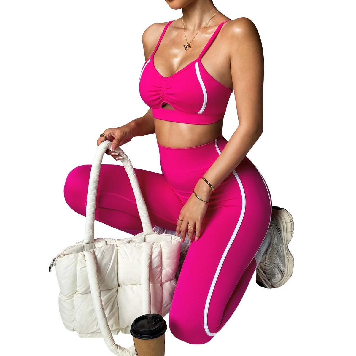 Women's Seamless Color Block Yoga Set-Padded Sports Bra High Waist Leggings Spandex/Nylon Four-Way Stretch 2-Piece Gym Wear