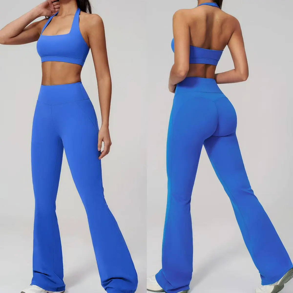 Custom Logo Tank Backless Bra Micro Flared Nylon Track Pants Solid Quick Dry Eco-Friendly Two-Piece Yoga Workout Set For Women