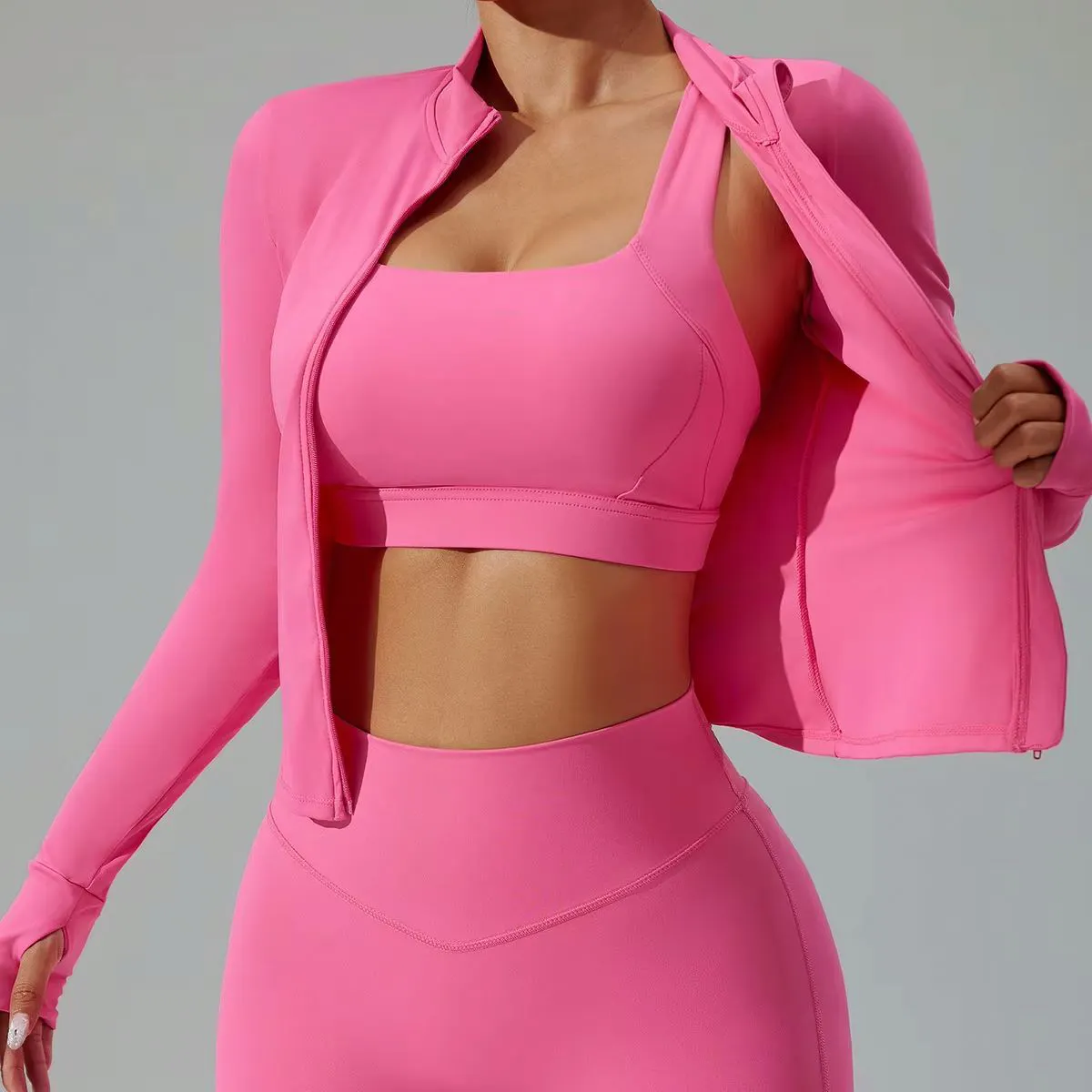 Seamless Quick-Drying Fitness New Tight Yoga Cardigan Running Suit Three-Piece Set Breathable Solid Zipper Plus Size